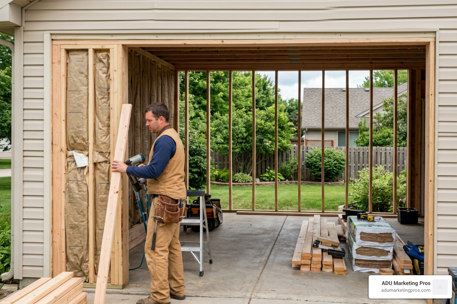 A contractor framing a new insulated wall where a garage door was recently removed