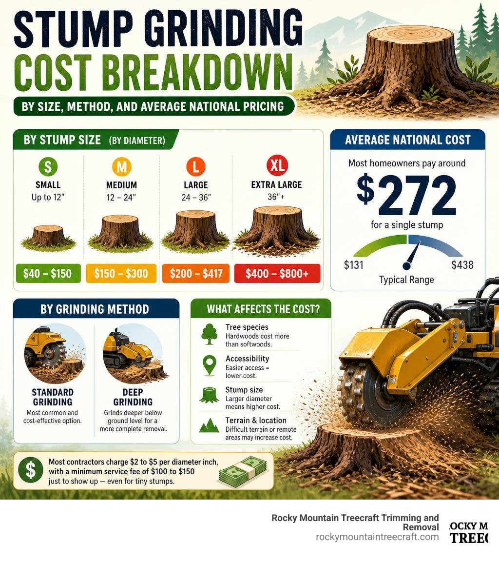 Stump grinding cost breakdown by size, method, and average national pricing infographic Stump grinding cost breakdown by size, method, and average national pricing infographic