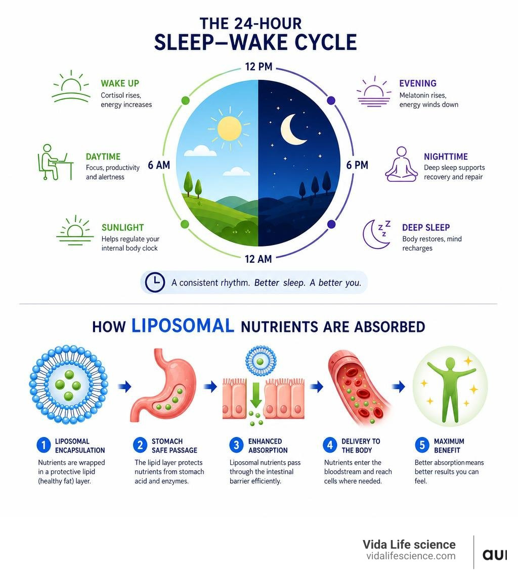 Infographic explaining the 24-hour sleep-wake cycle and how liposomal nutrients are absorbed infographic Infographic explaining the 24-hour sleep-wake cycle and how liposomal nutrients are absorbed infographic