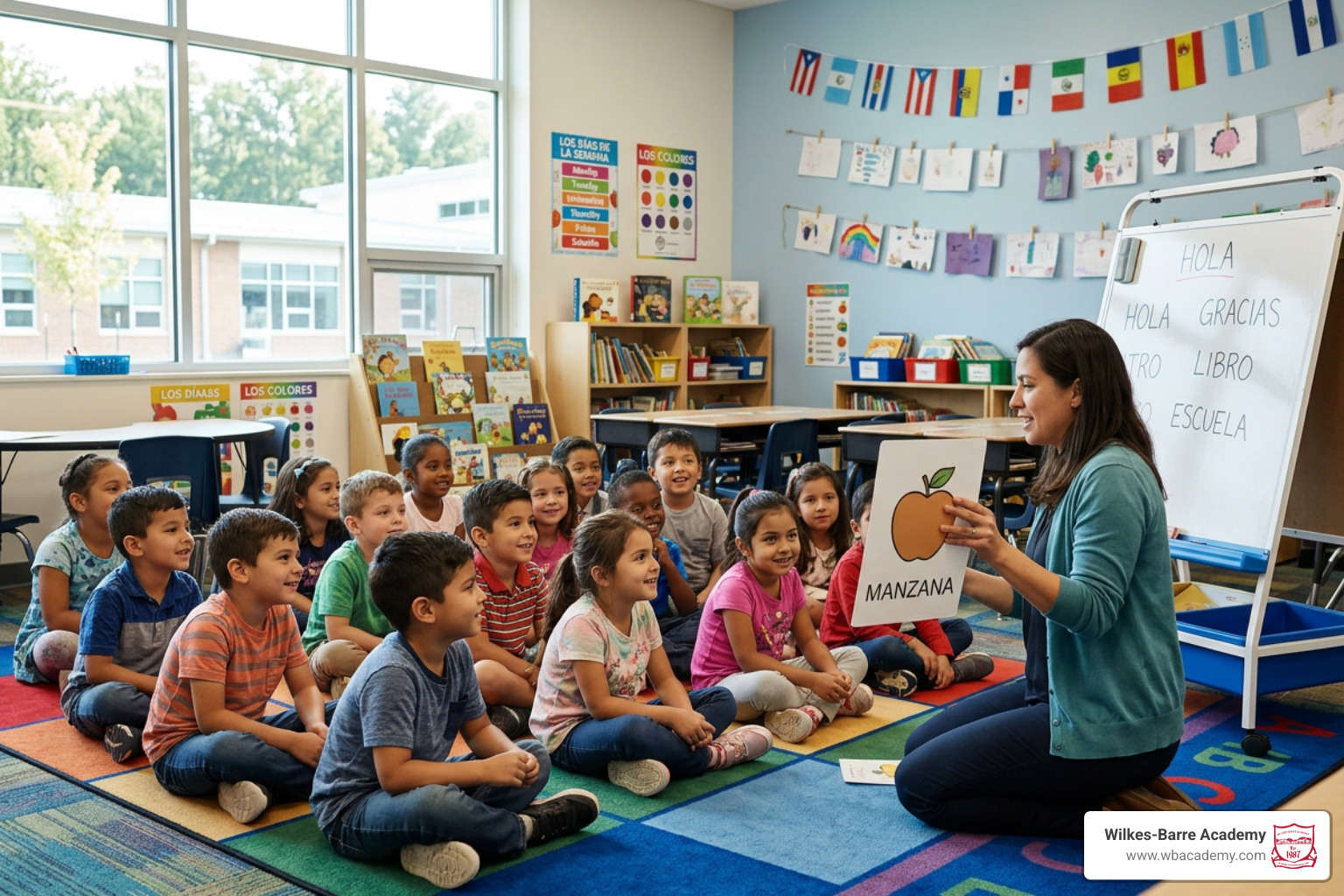 A collaborative classroom environment where elementary students learn Spanish
