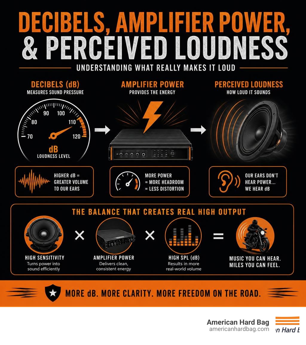 decibels, amplifier power, and perceived loudness infographic