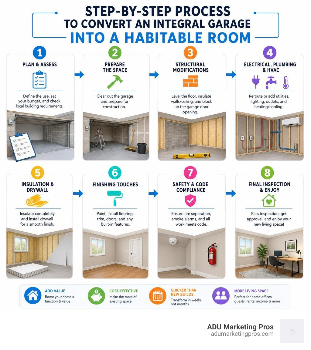 Step-by-step process of converting an integral garage into a habitable room infographic
