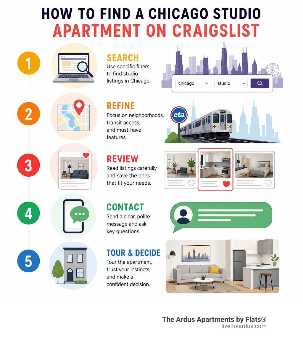 Infographic showing the step-by-step process of searching for a Chicago studio apartment infographic