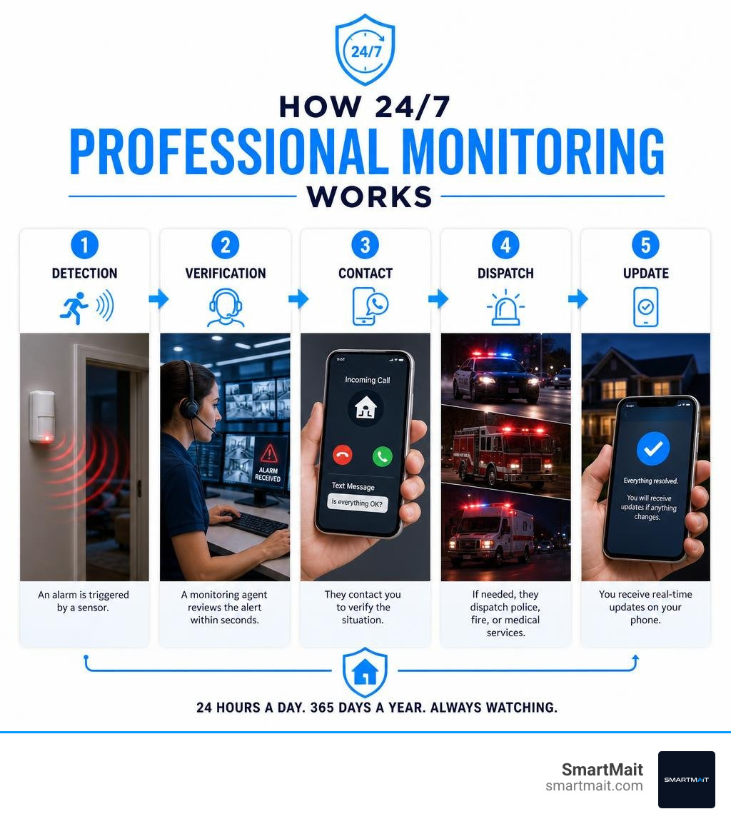 How 24/7 professional monitoring works: detection, verification, contact, dispatch, update infographic