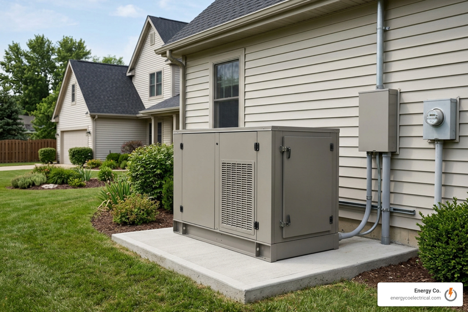 Standby generator unit installed on a concrete pad next to a residential home