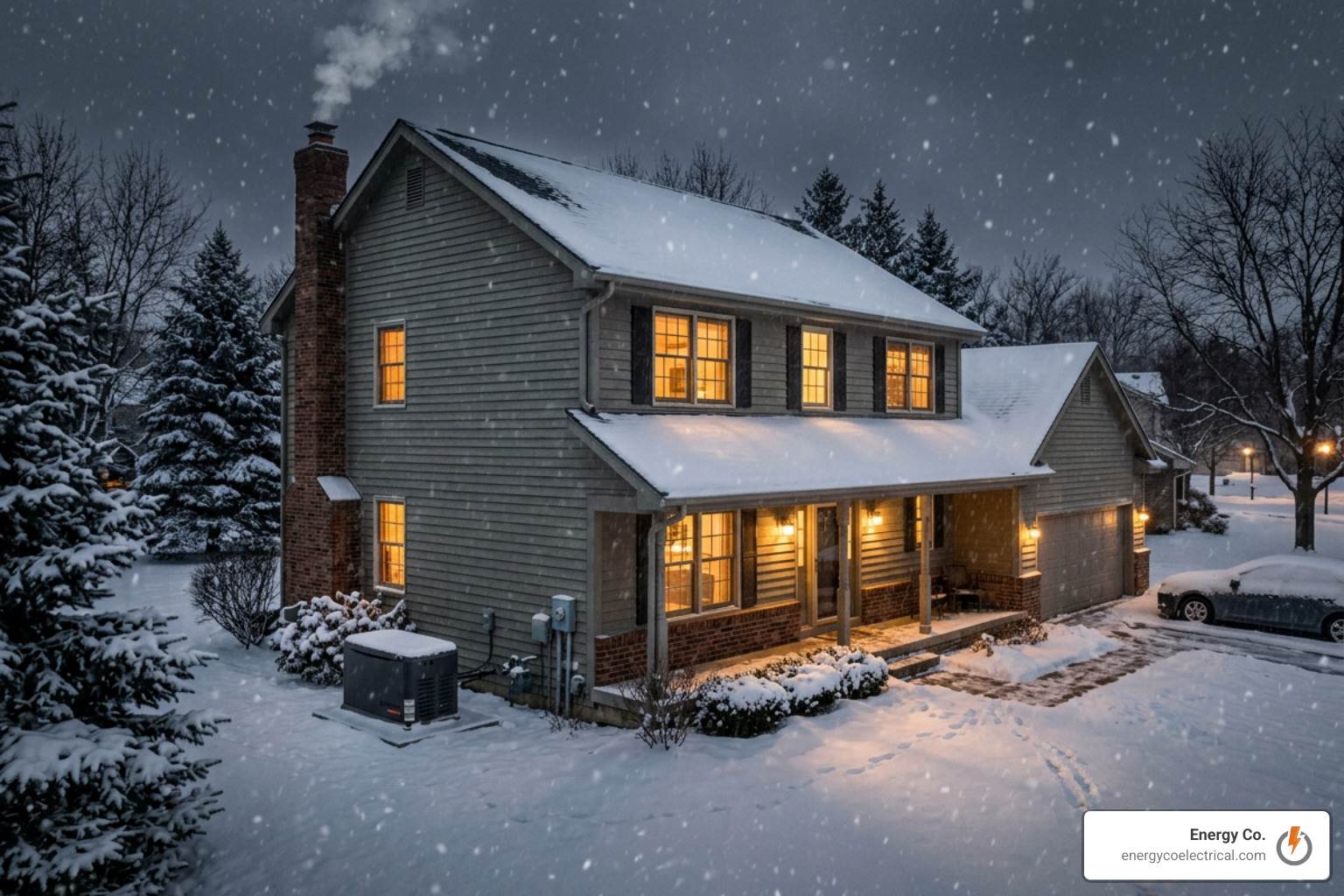 Chicagoland home fully lit and warm during a severe winter storm