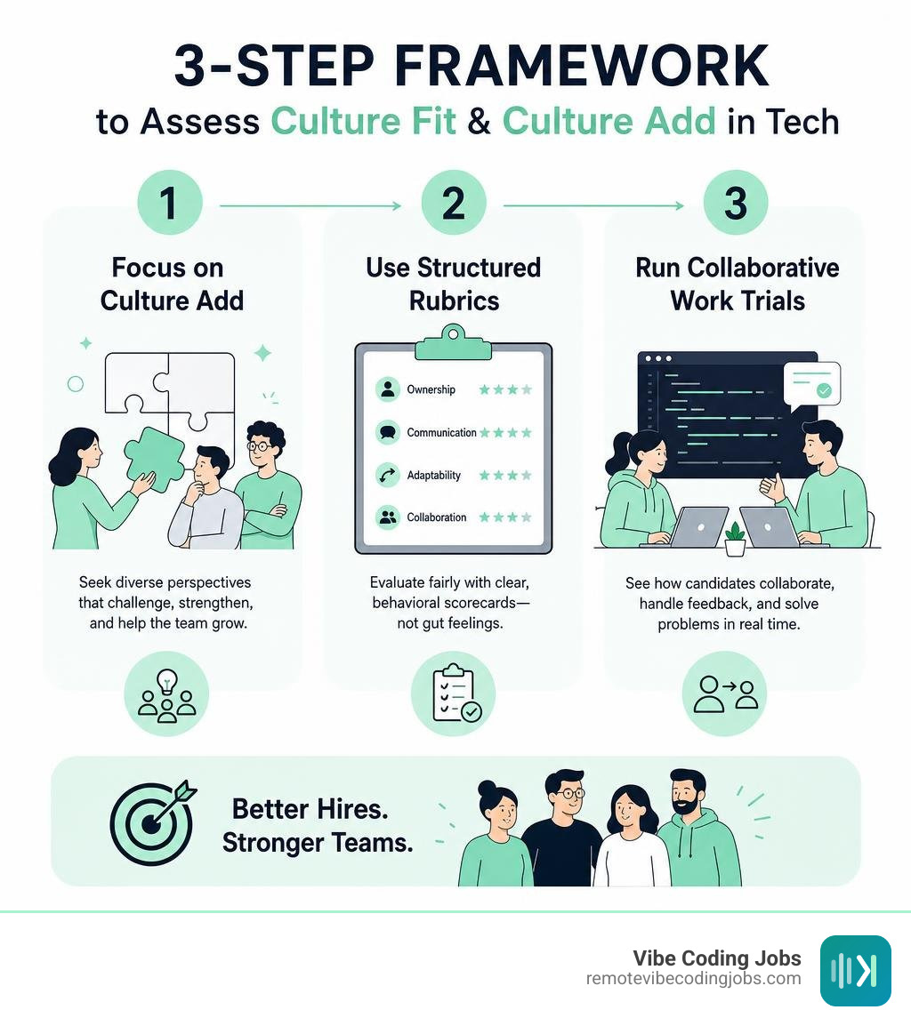 Infographic showing the three-step framework to assess culture fit and culture add in tech infographic