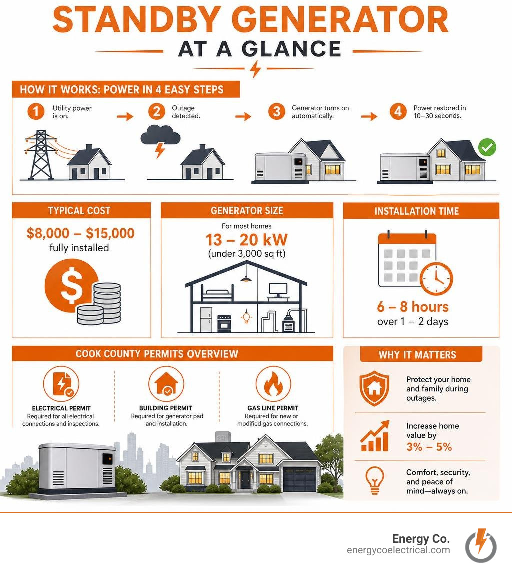Infographic showing standby generator operation steps, costs, sizing, and Cook County permit overview infographic