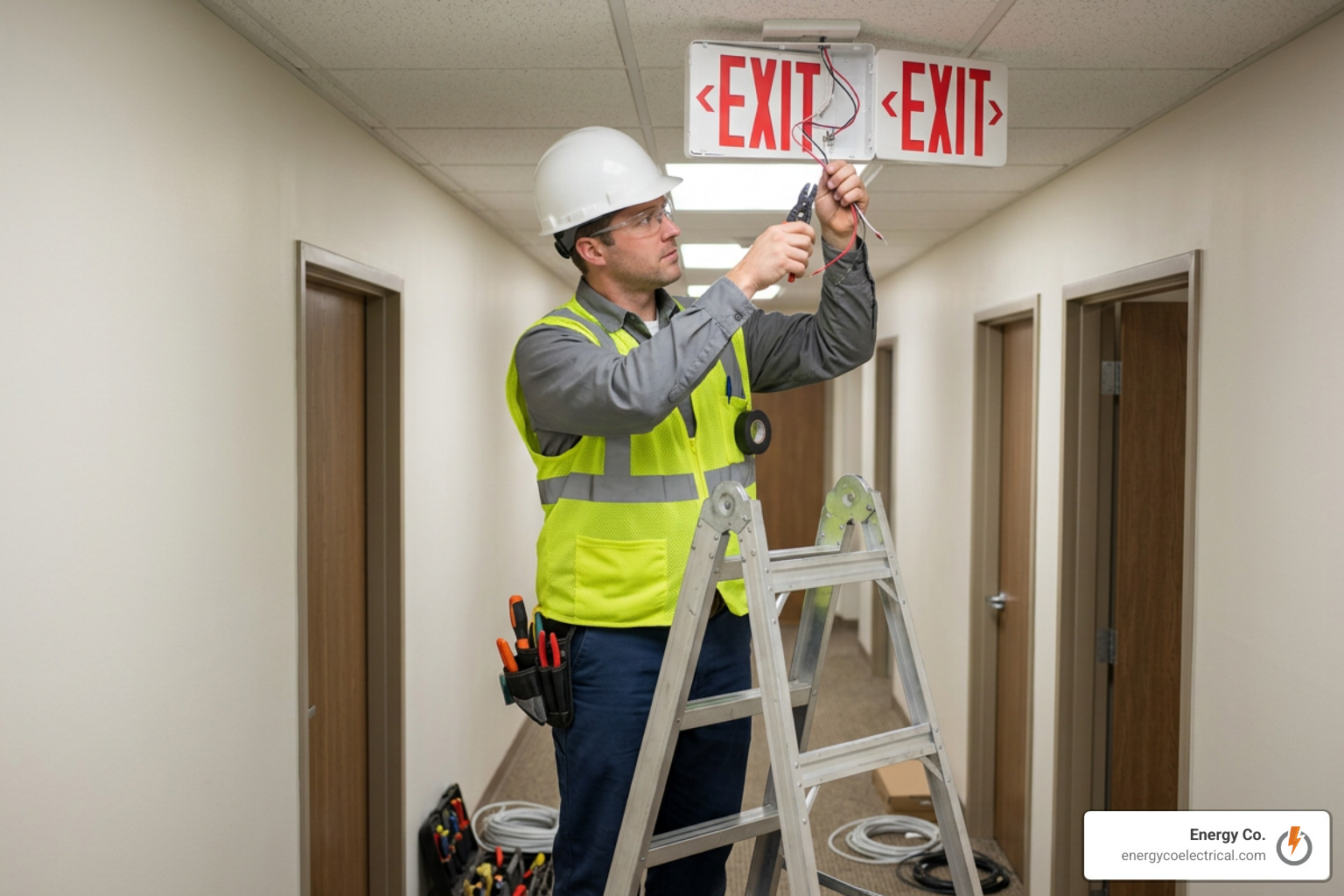 Licensed electrical contractor wiring a commercial emergency exit sign Licensed electrical contractor wiring a commercial emergency exit sign