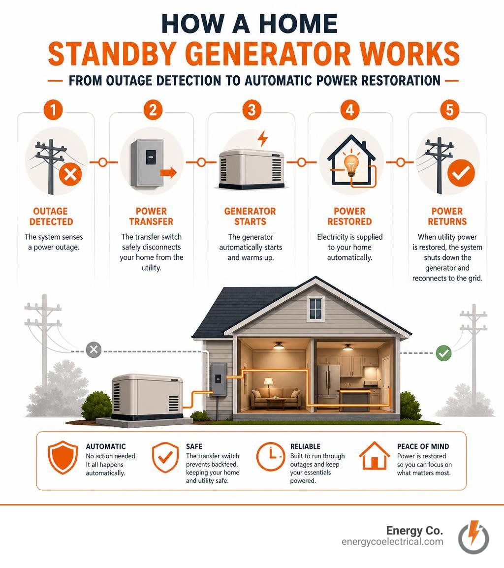 How a home standby generator works — from outage detection to automatic power restoration infographic How a home standby generator works — from outage detection to automatic power restoration infographic