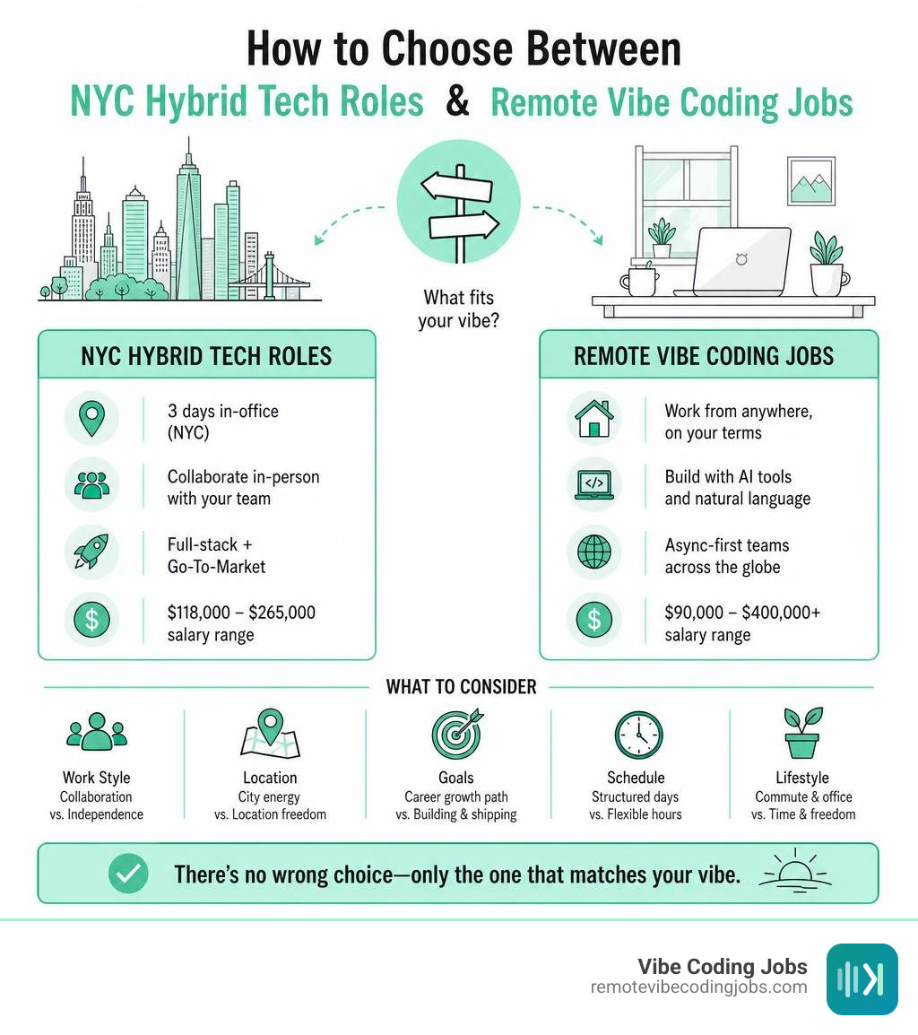 How to choose between NYC hybrid tech roles and remote vibe coding jobs infographic