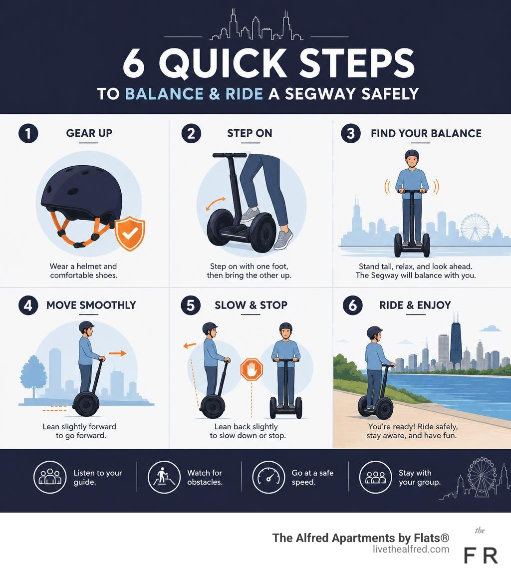 Infographic showing quick steps for beginners to balance and ride a Segway safely infographic