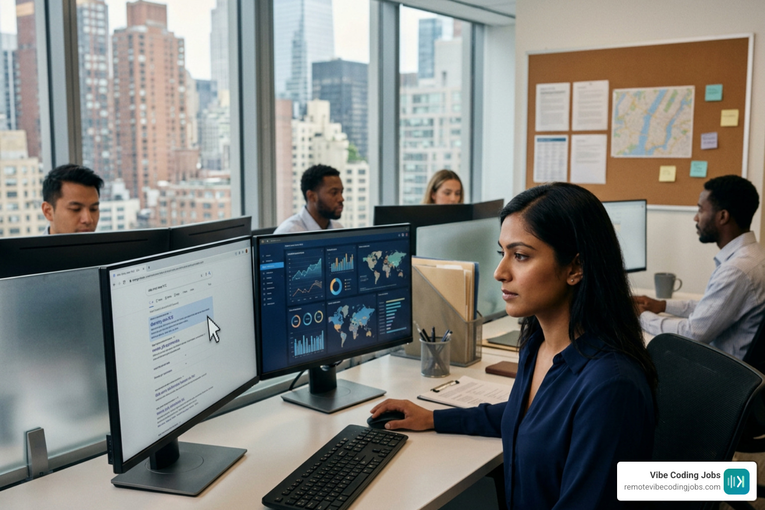 modern workspace with dual monitors showing code and AI chat
