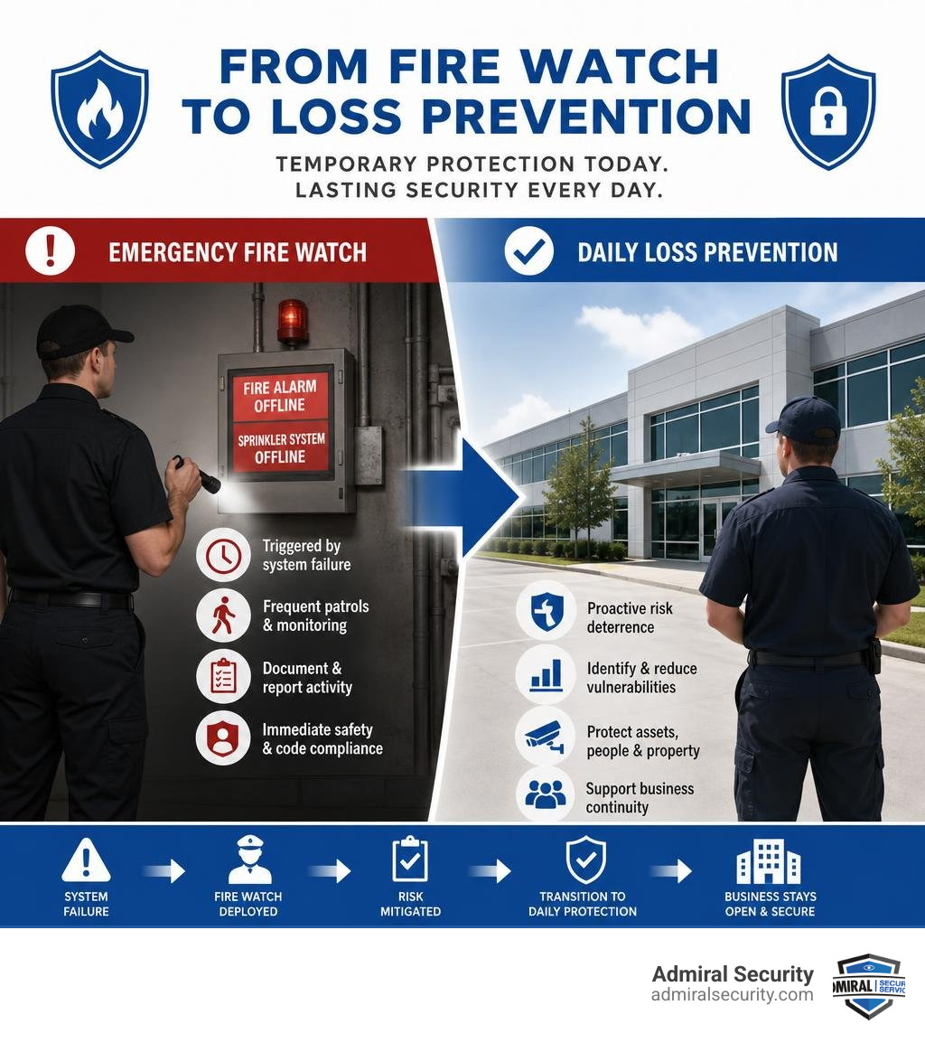 Infographic showing the transition from emergency fire watch to daily loss prevention infographic