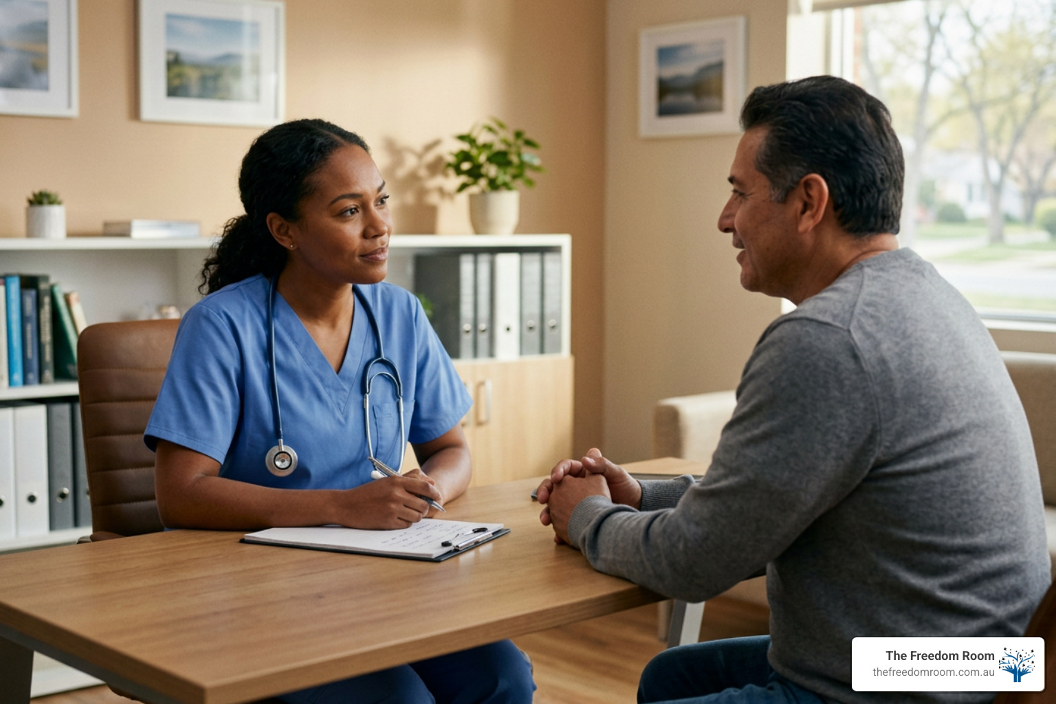 A medical consultation with a GP discussing safe alcohol withdrawal