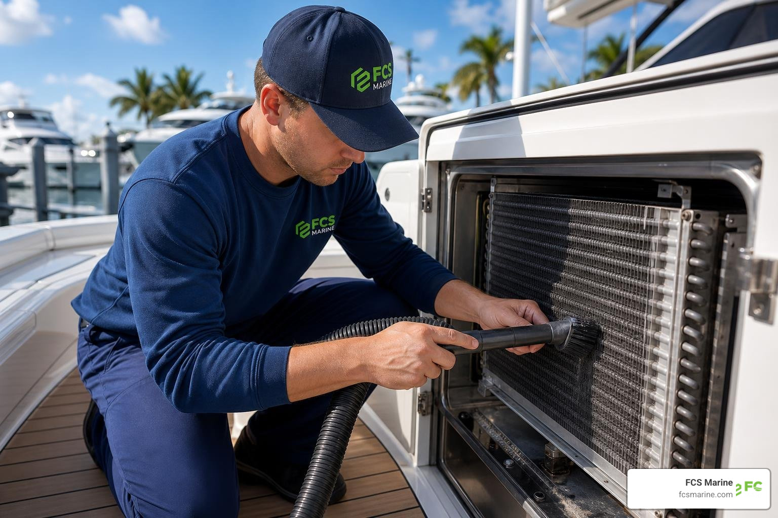 technician cleaning marine condenser coils to restore cooling efficiency technician cleaning marine condenser coils to restore cooling efficiency