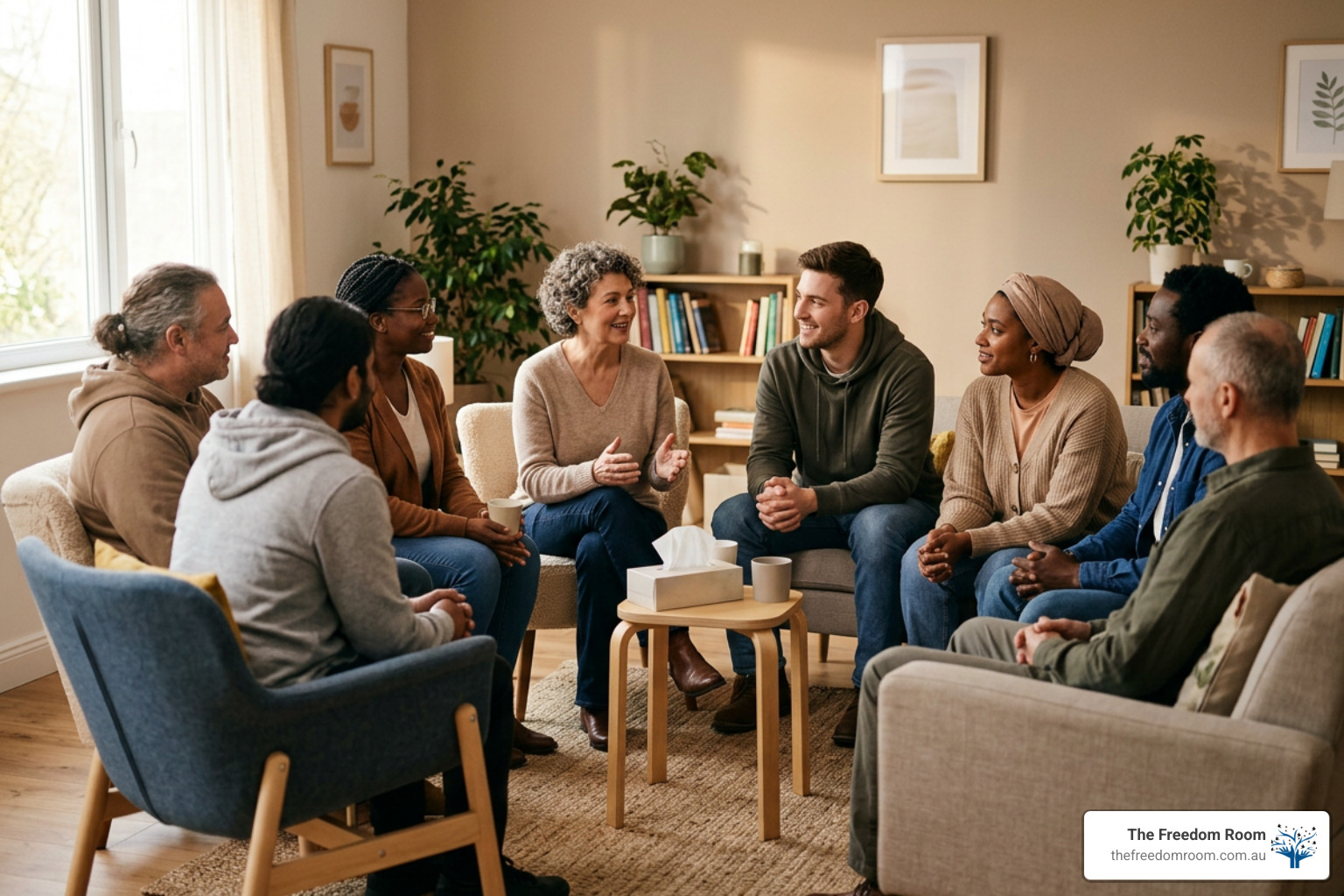 A supportive group therapy setting depicting recovery and peer support