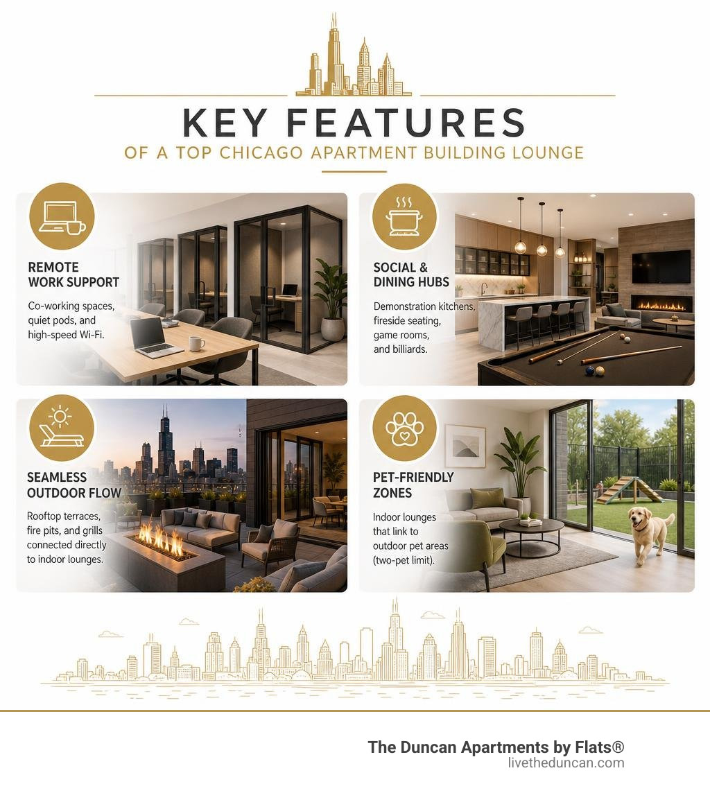 key features of a top chicago apartment building lounge infographic key features of a top chicago apartment building lounge infographic
