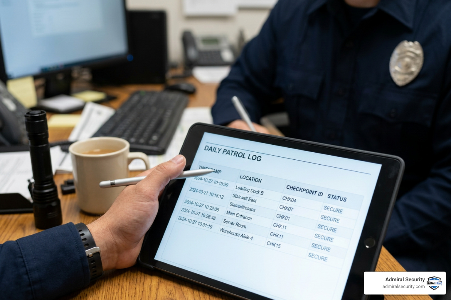 Digital logbook showing timestamped patrol entries for fire safety compliance