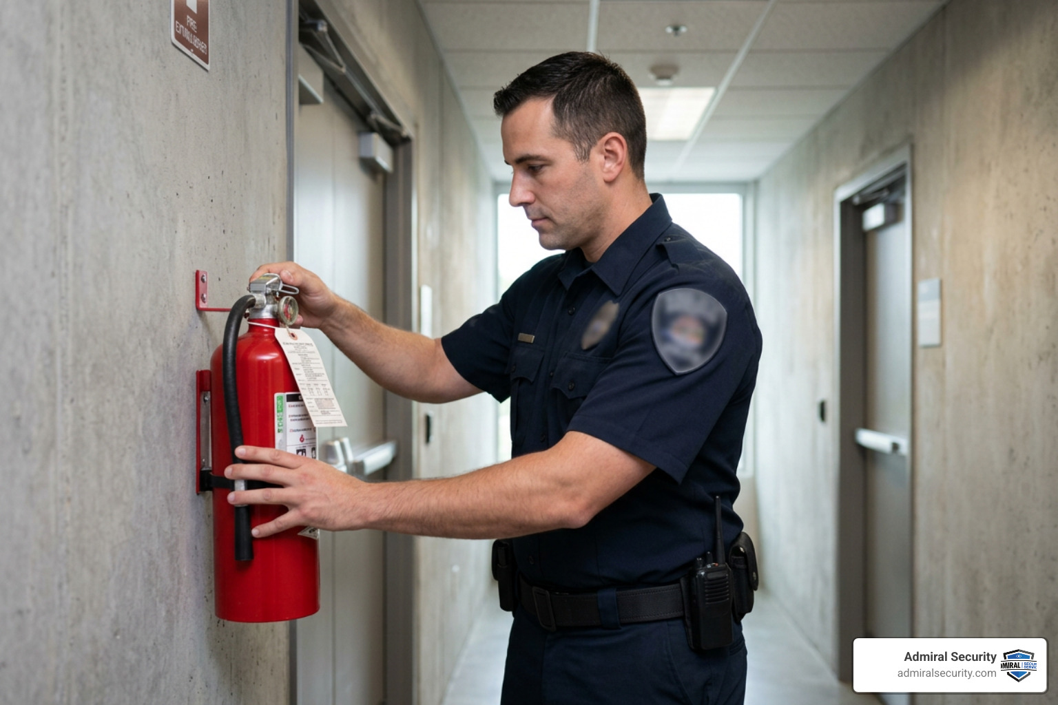 Security officer inspecting a fire extinguisher with a blurred uniform badge