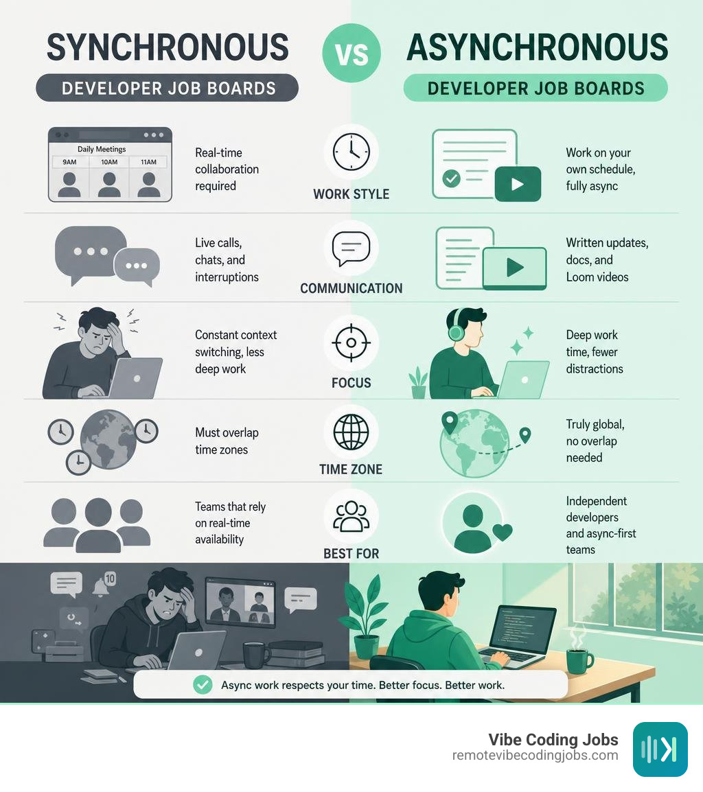 Comparison of synchronous versus asynchronous developer job boards infographic