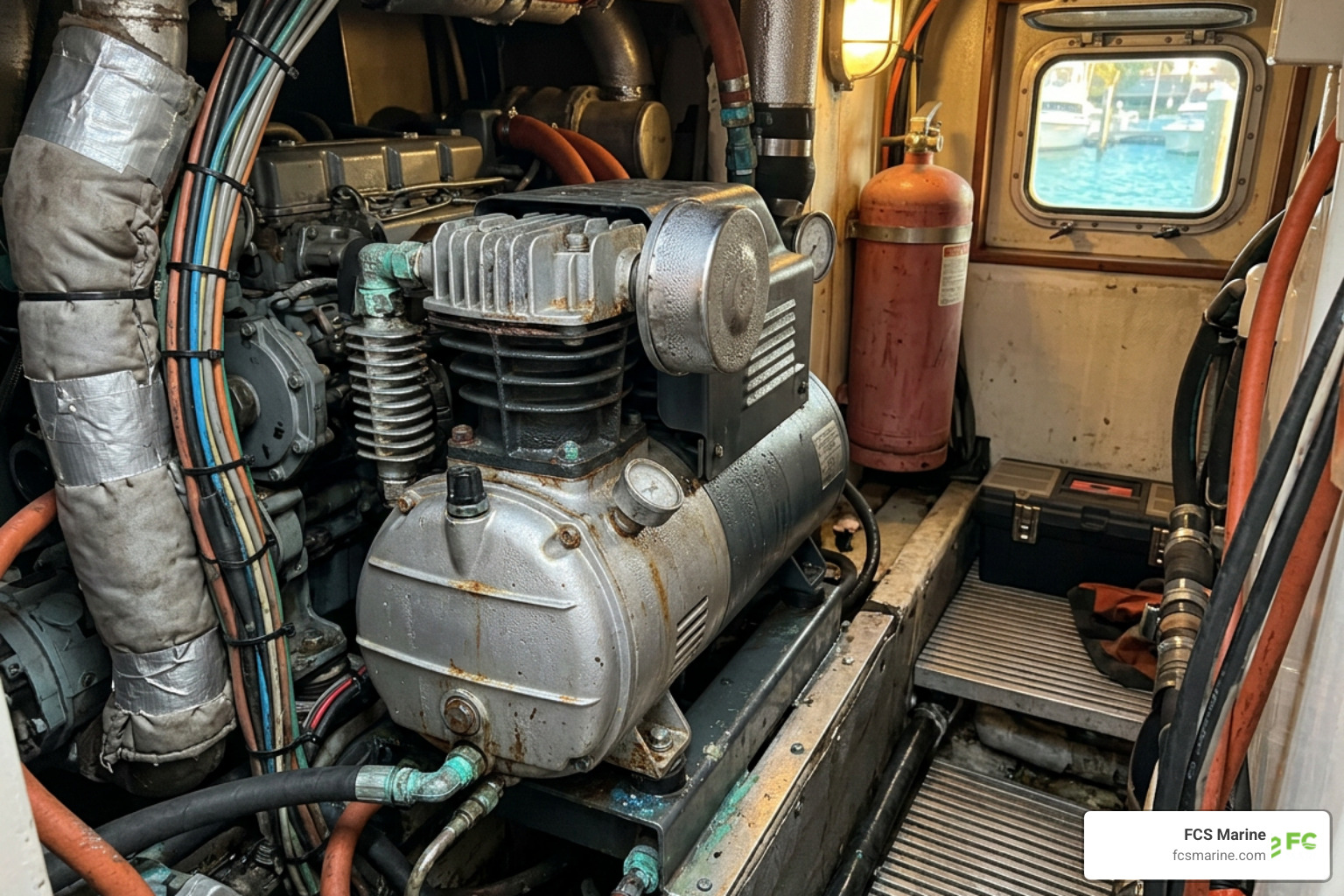 A marine compressor tucked inside a tight, hot yacht engine compartment A marine compressor tucked inside a tight, hot yacht engine compartment