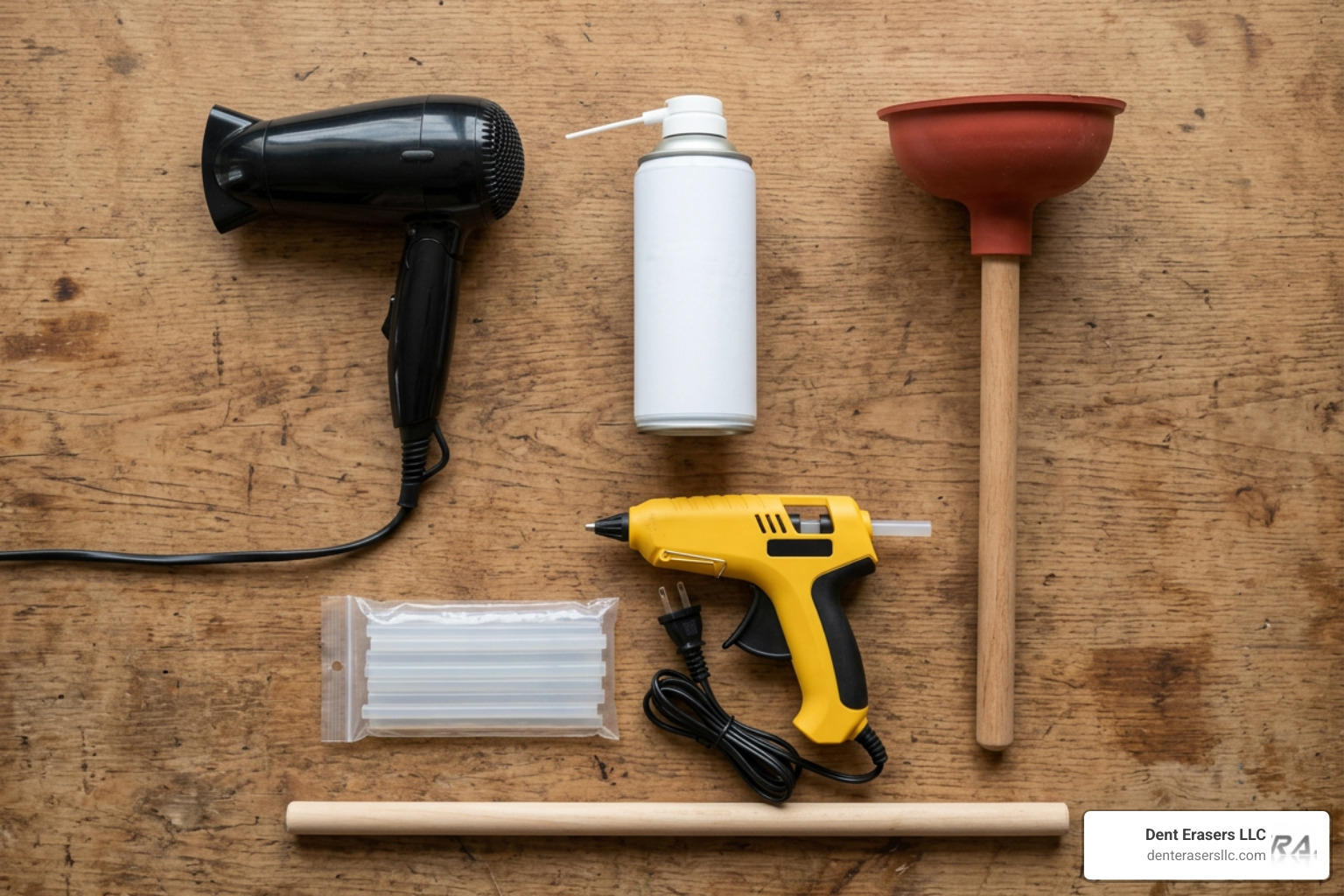 DIY dent repair tools: hair dryer, compressed air, plunger, hot glue, and wooden dowels Diy Dent Repair Tools: Hair Dryer, Compressed Air, Plunger, Hot Glue, And Wooden Dowels