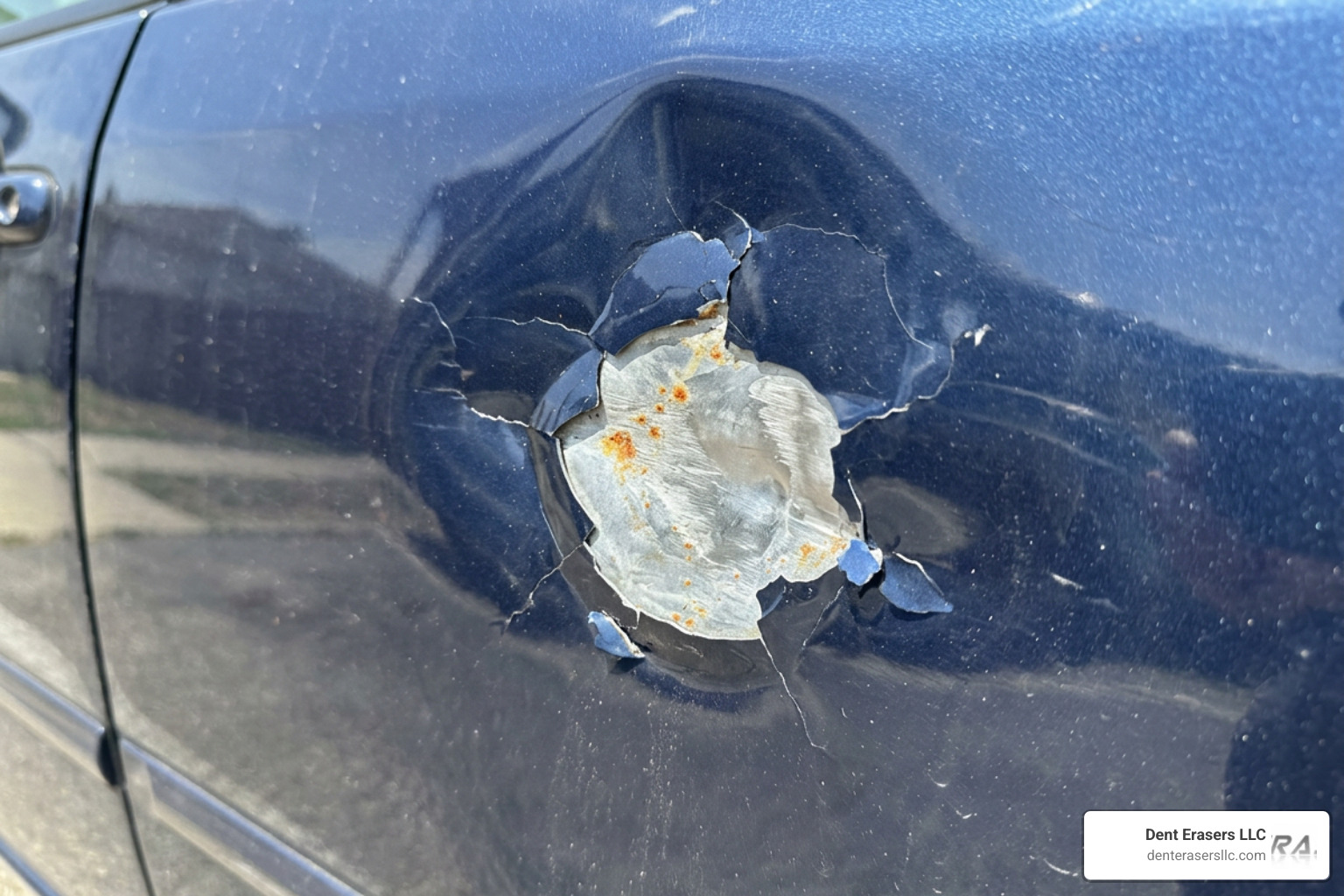 Deep car dent with cracked paint and exposed metal showing risk of rust Deep Car Dent With Cracked Paint And Exposed Metal Showing Risk Of Rust