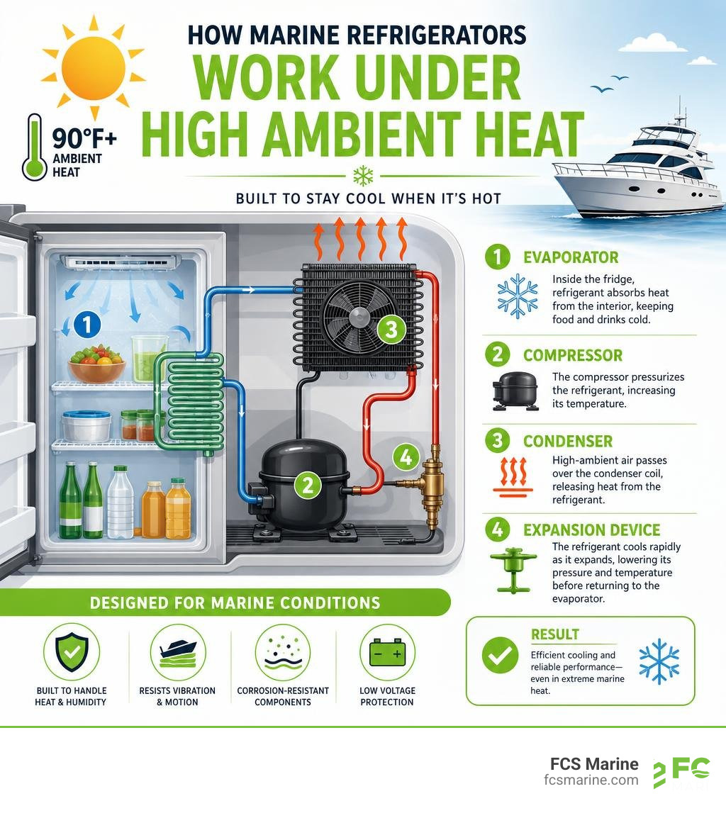 Infographic explaining how marine refrigerators work under high ambient heat infographic Infographic explaining how marine refrigerators work under high ambient heat infographic