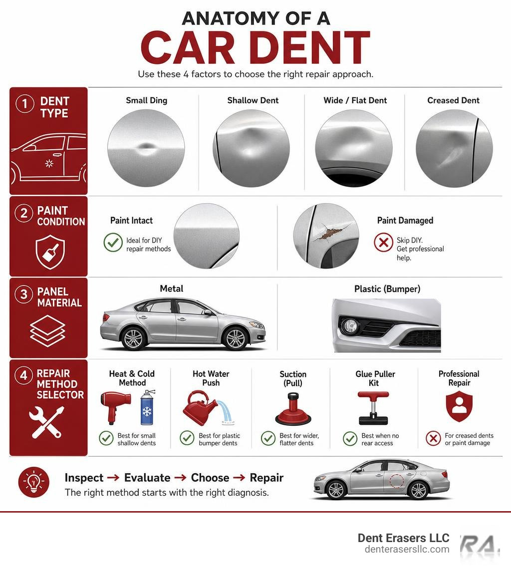 Anatomy of a car dent: types, paint condition, panel material, and repair method selector infographic Anatomy Of A Car Dent: Types, Paint Condition, Panel Material, And Repair Method Selector Infographic