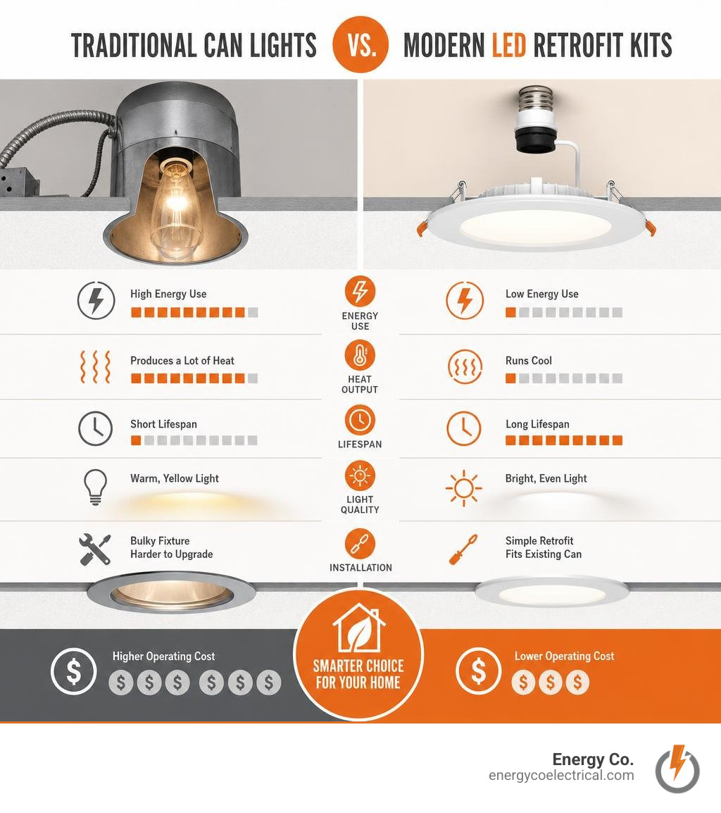 Comparison of traditional can lights versus modern LED retrofit kits infographic