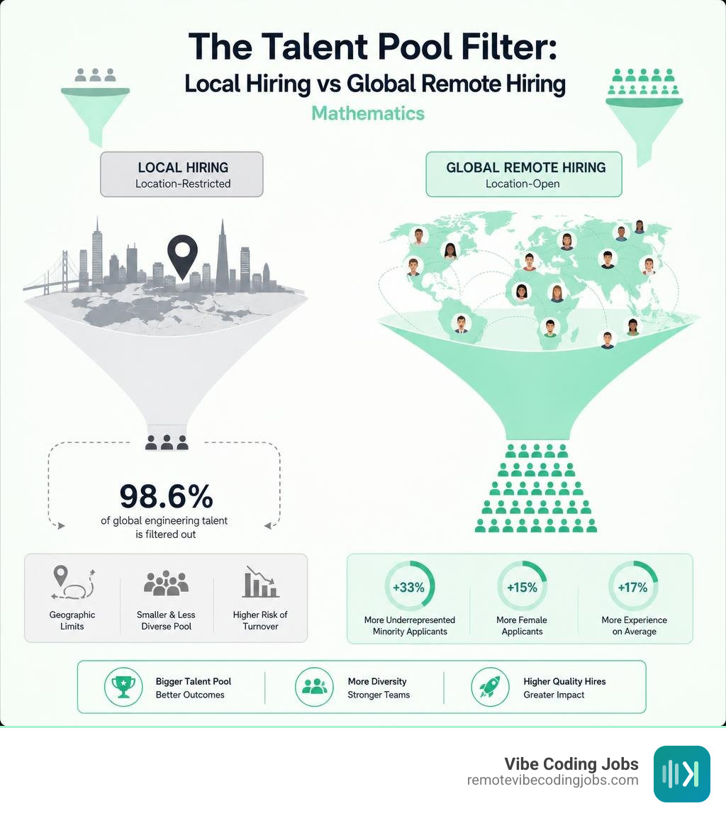 The talent pool filter: Local hiring vs global remote hiring mathematics infographic