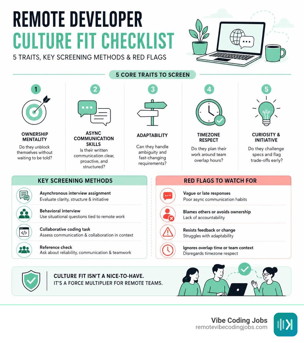Remote developer culture fit checklist infographic: 5 traits, key screening methods, and red flags infographic