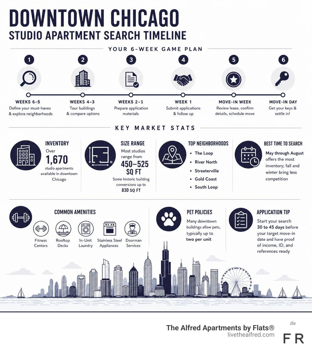 Downtown Chicago studio apartment search timeline and key market stats infographic infographic