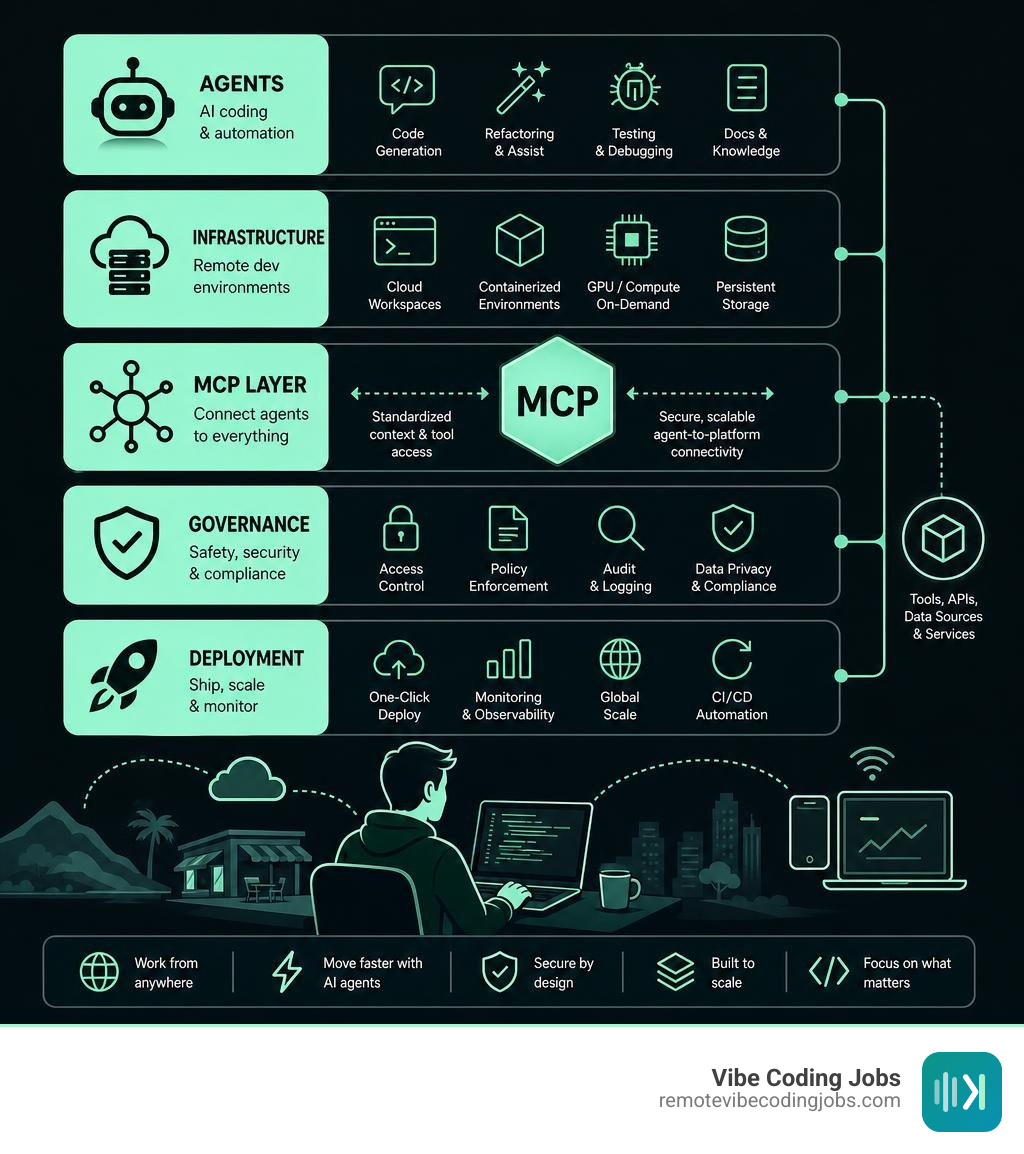 Modern remote AI developer stack: agents, infrastructure, MCP, governance, and deployment layers infographic