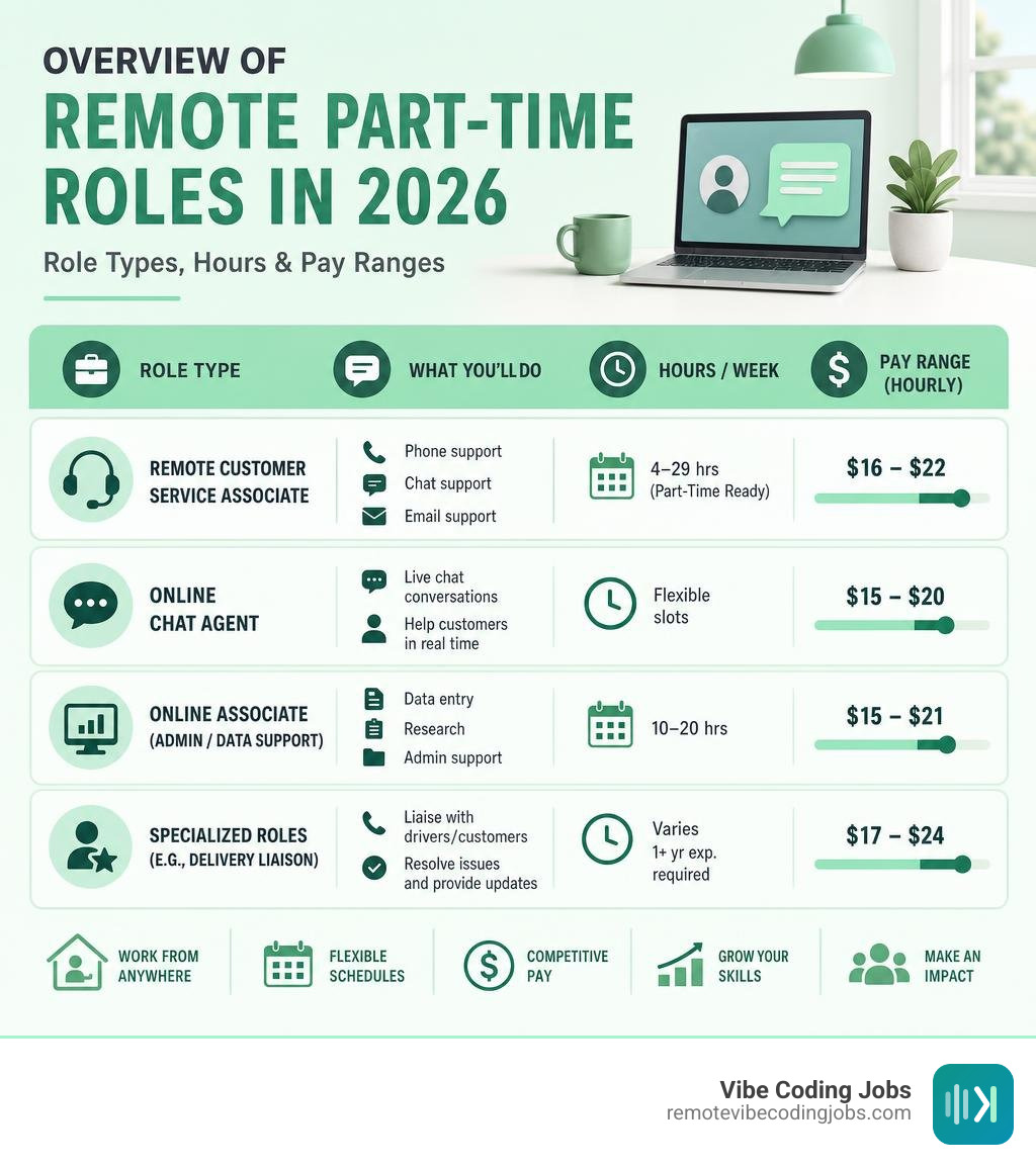 Overview of Amazon remote part-time roles in 2026 including role types, hours, and pay ranges infographic