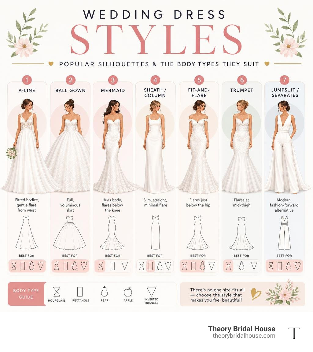 Quick-reference infographic of popular wedding dress styles, silhouettes, and what body types they suit infographic Quick-reference infographic of popular wedding dress styles, silhouettes, and what body types they suit infographic
