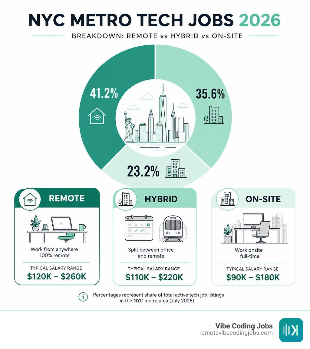 Breakdown of remote vs hybrid vs on-site tech jobs in NYC metro area 2026 with salary ranges infographic