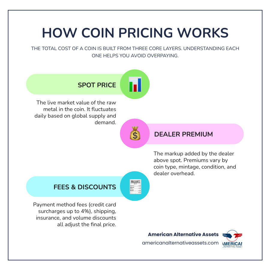 Infographic showing how spot price plus dealer premium plus payment fees equals the total coin cost infographic