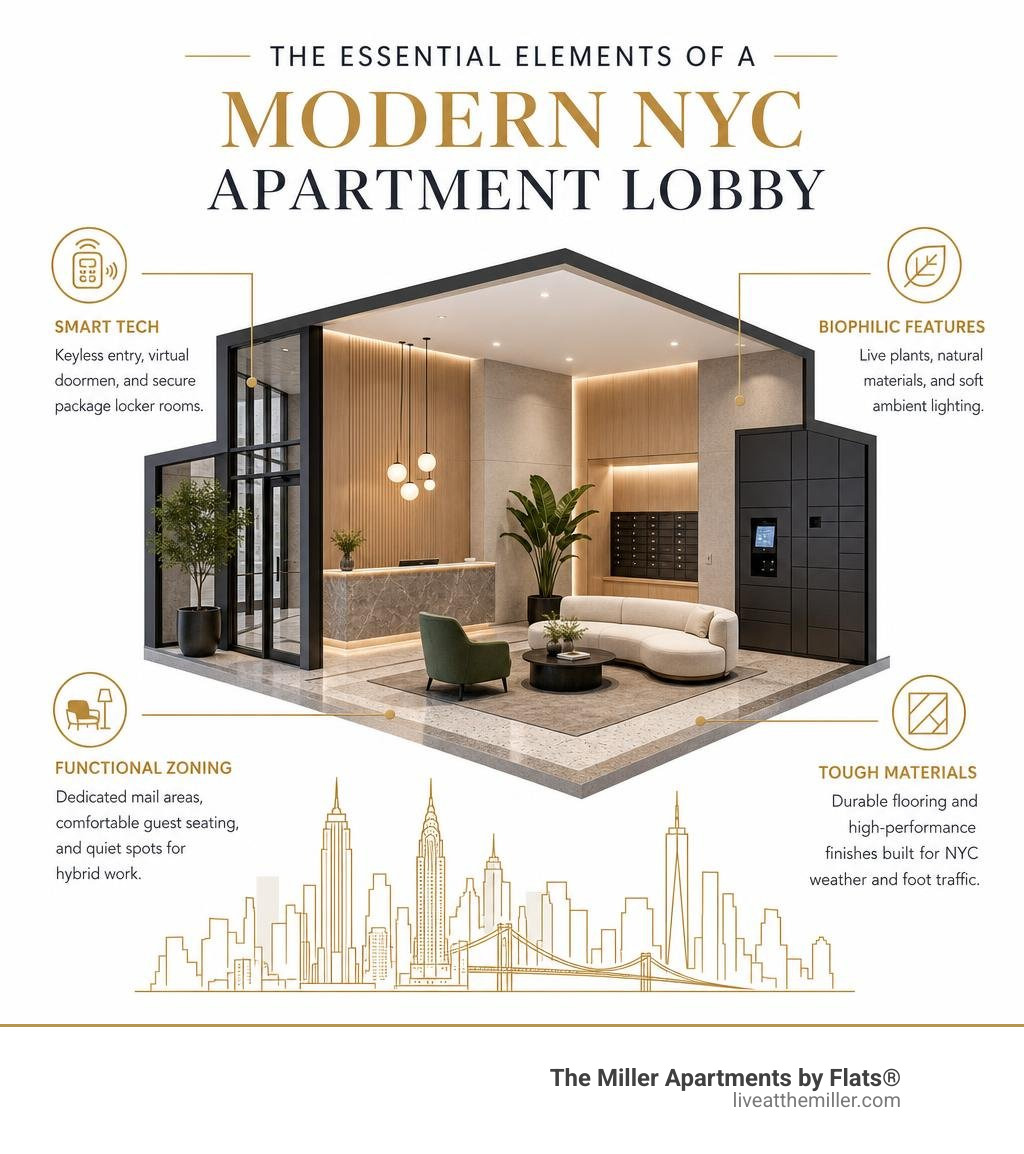 Infographic showing the essential elements of a modern NYC apartment lobby infographic