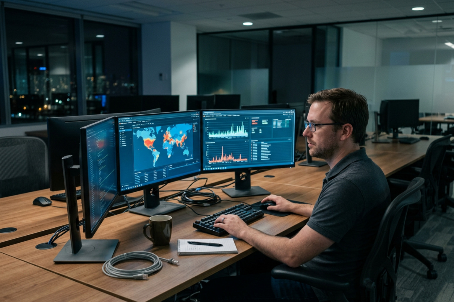 cybersecurity analyst reviewing threat intelligence data on a multi-monitor setup