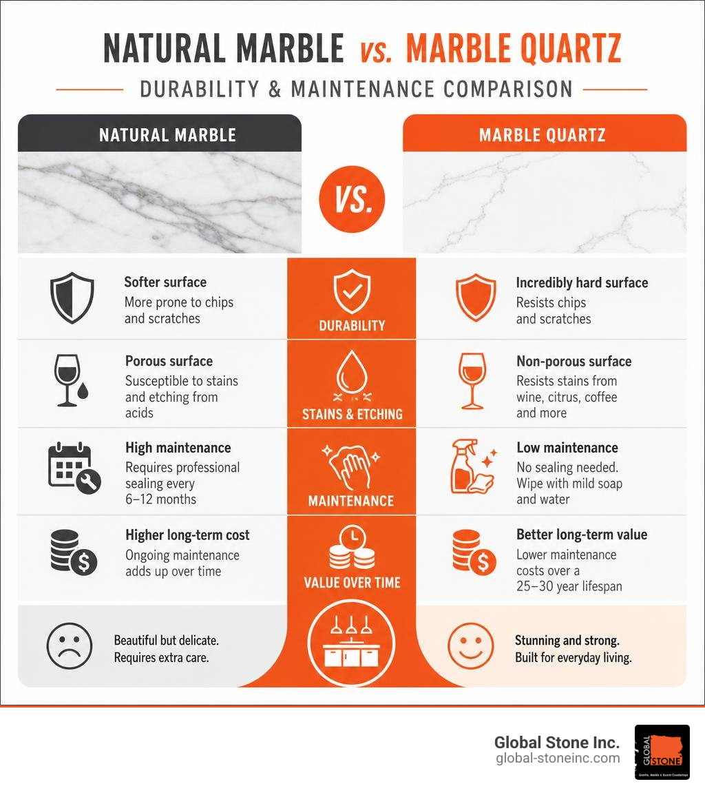 Infographic comparing natural marble versus marble quartz countertops on durability and maintenance infographic