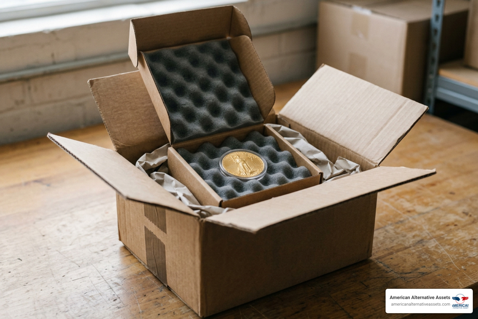A securely packaged, double-boxed shipping container used for valuable precious metals transit