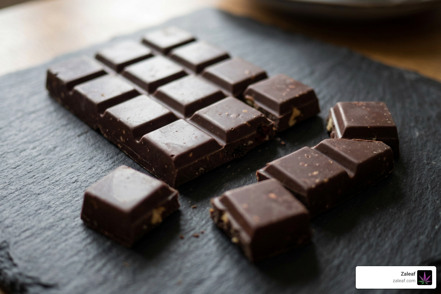 A premium, gourmet chocolate THC bar broken into neat squares A premium, gourmet chocolate THC bar broken into neat squares
