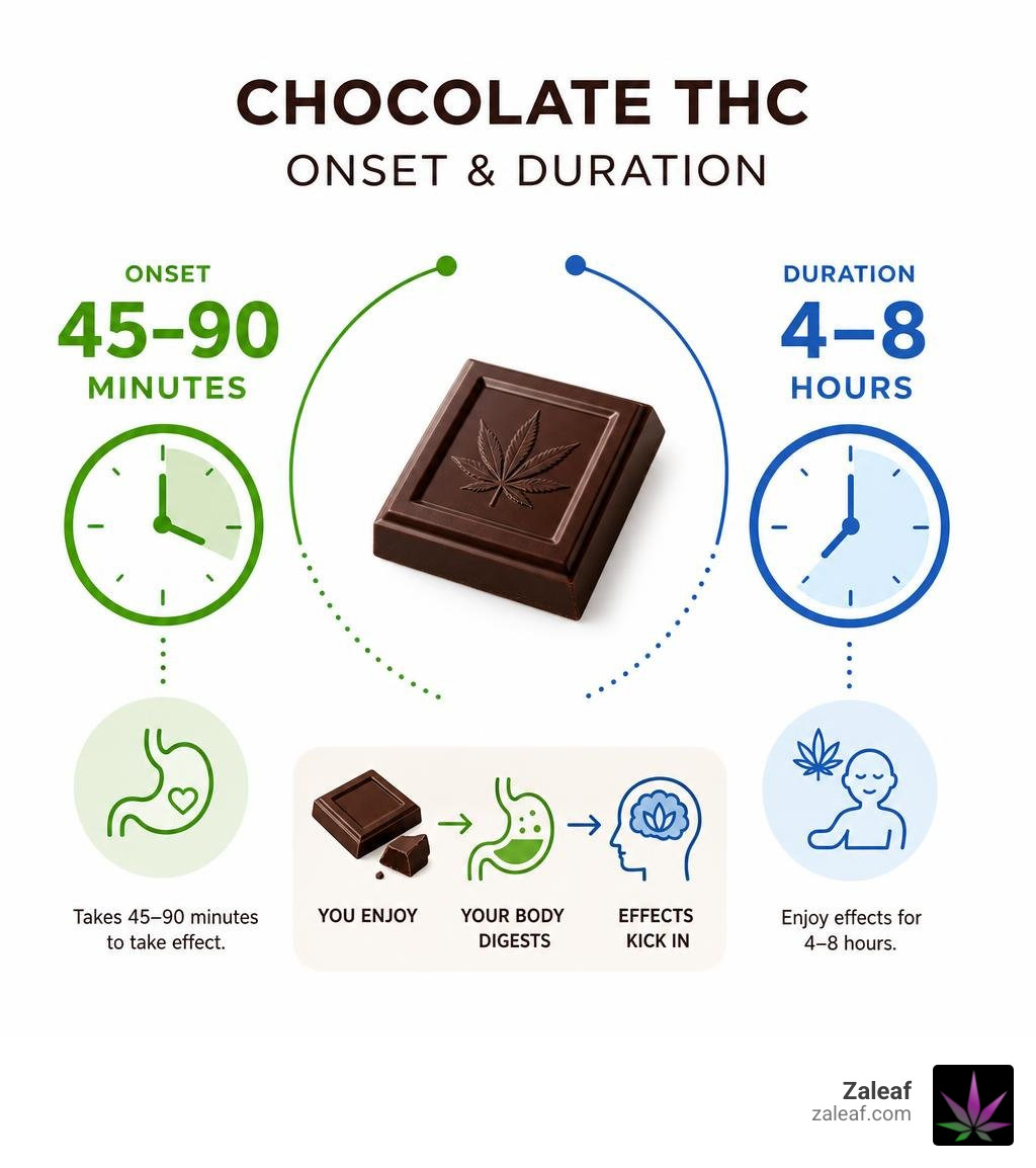 Infographic showing the 45-90 minute onset and 4-8 hour duration of chocolate THC infographic Infographic showing the 45-90 minute onset and 4-8 hour duration of chocolate THC infographic
