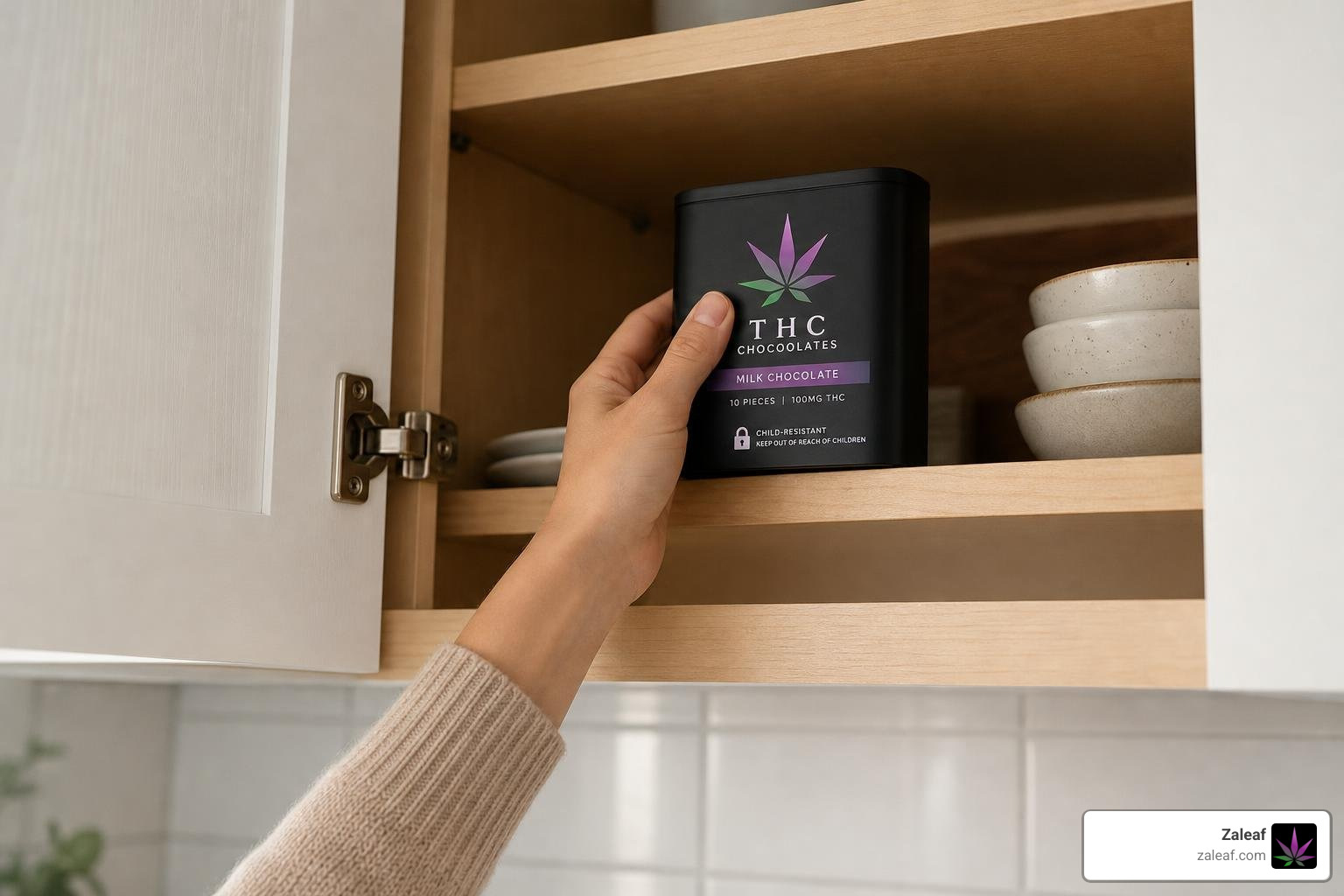 An adult safely storing their labeled, child-proof THC chocolate container in a high cabinet An adult safely storing their labeled, child-proof THC chocolate container in a high cabinet