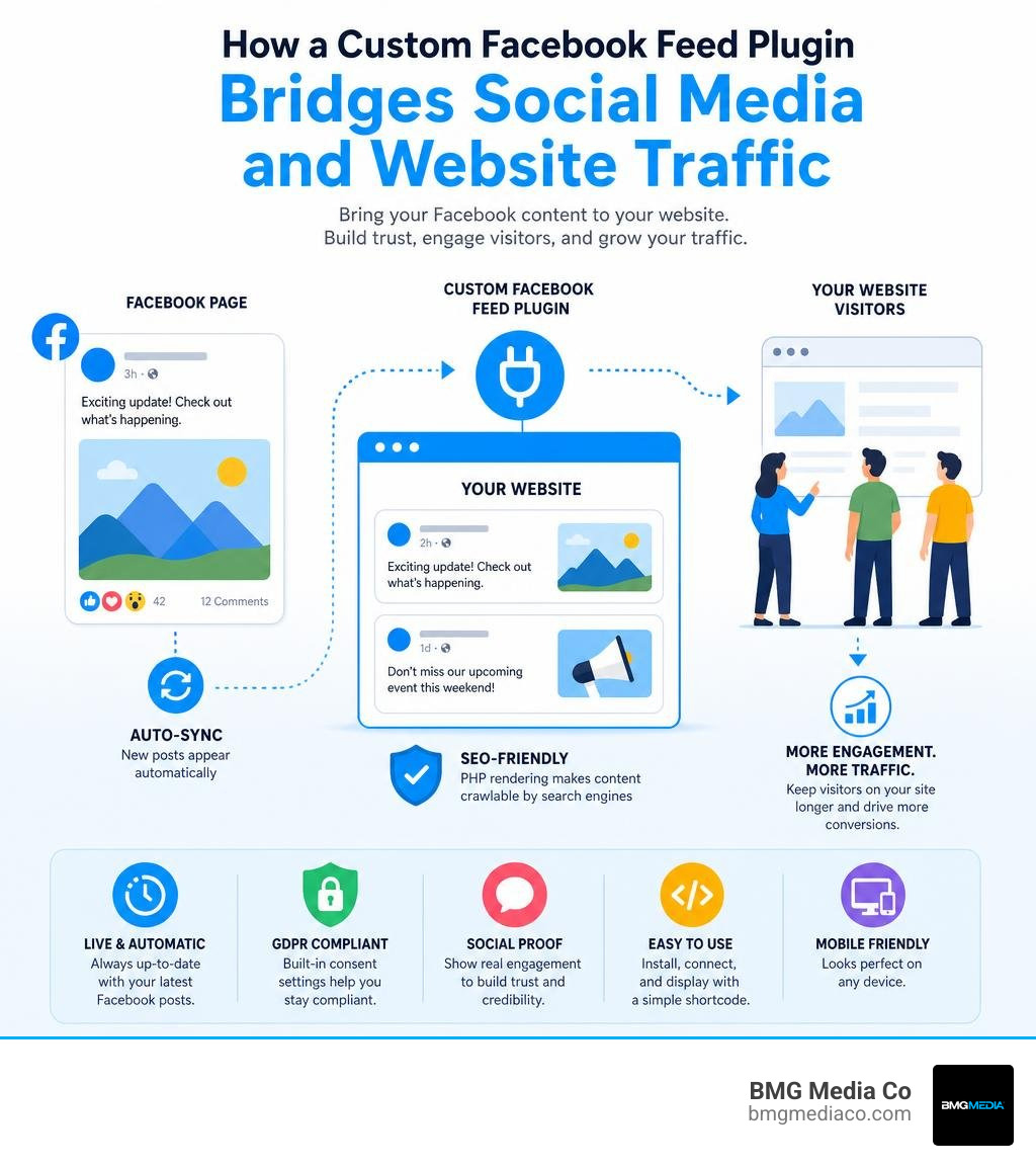 how a custom Facebook feed plugin bridges social media and website traffic infographic infographic