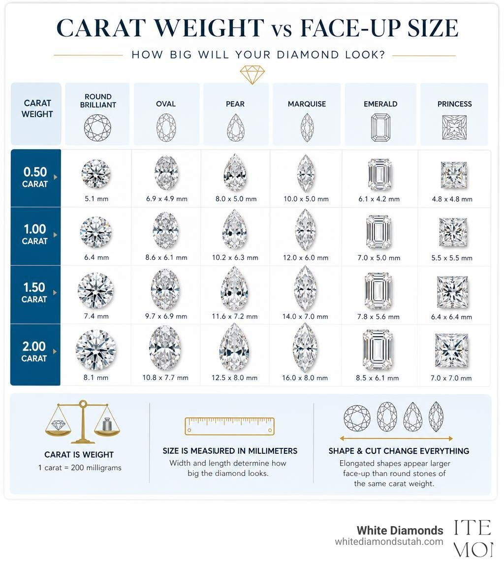 Infographic comparing diamond carat weight to face-up millimeter size across different shapes infographic
