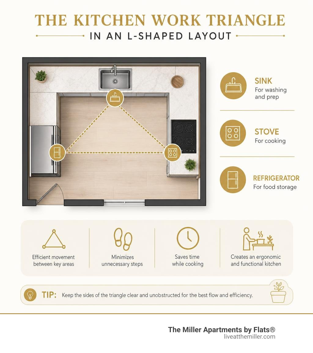 Infographic showcasing the kitchen work triangle in an L-shaped layout infographic Infographic showcasing the kitchen work triangle in an L-shaped layout infographic