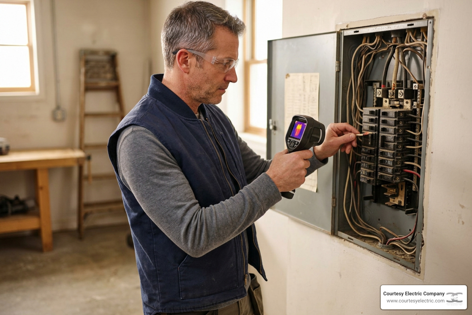 A home inspector carefully checking an older electrical panel with a thermal camera A home inspector carefully checking an older electrical panel with a thermal camera